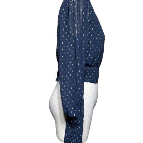 Mestiza New York Polka Dot Cropped Chiffon Puff Sleeve Size 4 Navy and Gold - Picture 2 of 5